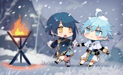 Rule 34 | 2boys, ahoge, aqua eyes, aqua hair, blue hair, blush stickers, boots, chibi, chinese clothes, chongyun (genshin impact), closed mouth, day, earrings, fire, food, frills, genshin impact, holding, holding hands, jewelry, male focus, multiple boys, open mouth, outdoors, popsicle, shiki (shikki46), shorts, single earring, snow, snow on head, snowing, sweat, vision (genshin impact), wavy hair, xingqiu (genshin impact), yellow eyes