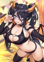Rule 34 | 1girl, absurdres, bikini, black bikini, black choker, black hair, black thighhighs, blurry, blush, breasts, choker, cleavage, cleavage cutout, clothing cutout, commentary request, curtains, demon girl, demon tail, demon wings, depth of field, detached sleeves, embarrassed, fake horns, fingernails, freckles, halloween, halloween costume, heart, heart choker, high collar, highres, horns, indoors, jack-o&#039;-lantern cutout, kneeling, large breasts, long hair, looking at viewer, multicolored nails, nail polish, navel, on bed, original, pointy ears, reaching, reaching towards viewer, selfie, sharp fingernails, shashaki, solo, streamers, sweatdrop, swimsuit, tail, thighhighs, twintails, wings