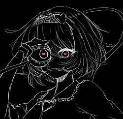 Rule 34 | 0002koko, 1girl, black background, buttons, close-up, commentary, evil smile, eyelashes, frilled shirt collar, frills, hair between eyes, hair ornament, hairband, heart, heart-shaped pupils, heart button, heart hair ornament, highres, holding eyeball, komeiji satori, looking at viewer, monochrome, red eyes, short hair, simple background, smile, solo, symbol-shaped pupils, third eye, touhou, tsurime, wide-eyed