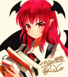 Rule 34 | bad id, bad pixiv id, black wings, book, closed mouth, head wings, holding, holding book, koakuma, long hair, looking at viewer, qqqrinkappp, red eyes, red hair, sidelocks, signature, smile, solo, touhou, traditional media, upper body, wings