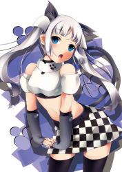 Rule 34 | 10s, 1girl, animal ears, bad id, bad pixiv id, black thighhighs, blue background, blue eyes, blush, cat girl, checkered clothes, checkered skirt, fang, female focus, gloves, grey hair, highres, kureha (angelite), long hair, miss monochrome, miss monochrome (character), skirt, solo, tail, thighhighs, twintails, white background