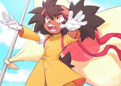 Rule 34 | 1girl, animal ears, black hair, brown eyes, colo (nagrolaz), dog ears, dog tail, dress, female focus, flag, furry, furry female, gloves, highres, japanese flag, open mouth, original, outdoors, sharp teeth, solo, tail, teeth, twintails, white gloves, yellow dress
