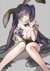 Rule 34 | 1girl, animal ears, bad id, bad pixiv id, bare legs, bare shoulders, black hair, black nails, black ribbon, blue eyes, breasts, rabbit ears, cleavage, commentary, cuffs, detached collar, fake animal ears, food, food on face, freng, hairband, holding, holding food, knees together feet apart, large breasts, long hair, looking at viewer, multicolored hair, nail polish, open mouth, panty &amp; stocking with garterbelt, playboy bunny, purple hair, ribbon, sitting, solo, stocking (psg), stuffed toy, twintails, two-tone hair, very long hair, wrist cuffs