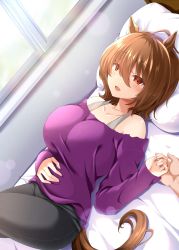 Rule 34 | 1girl, :d, absurdres, agnes tachyon (umamusume), ahoge, animal ears, bare shoulders, bed, black panties, breasts, brown hair, hand on another&#039;s hand, hand on own stomach, highres, horse ears, horse girl, horse tail, jewelry, large breasts, looking at viewer, lying, on back, on bed, open mouth, panties, pillow, pov, pov hands, purple shirt, red eyes, ring, ryochapu, shirt, short hair, smile, solo focus, tail, umamusume, underwear, wedding ring, window