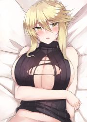 Rule 34 | 1girl, areola slip, arm at side, artoria pendragon (all), artoria pendragon (fate), artoria pendragon (lancer alter) (fate), bare arms, bare shoulders, bed sheet, black sweater, blonde hair, braid, breast hold, breasts, clothes lift, crown braid, eyelashes, fate/grand order, fate (series), highres, k jin, large breasts, looking at viewer, lying, naked sweater, navel, no headwear, on back, on bed, parted lips, ribbed sweater, saber (fate), saber alter, sideboob, solo, stomach, sweat, sweater, sweater lift, torn clothes, torn sweater, turtleneck, turtleneck sweater, upper body, yellow eyes
