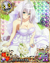 Rule 34 | 1girl, bare shoulders, blue eyes, breasts, card (medium), chess piece, cleavage, collarbone, dress, high school dxd, large breasts, long hair, official art, rook (chess), rossweisse, wedding dress
