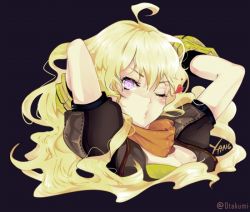 Rule 34 | 1girl, ahoge, arms behind head, artist name, black background, black gloves, blonde hair, blowing kiss, breasts, brown jacket, character name, cleavage, english text, gloves, heart, jacket, long hair, looking at viewer, one eye closed, orange scarf, otakumi, portrait, puckered lips, puffy short sleeves, puffy sleeves, purple eyes, rwby, scarf, short sleeves, simple background, solo, vambraces, wavy hair, yang xiao long