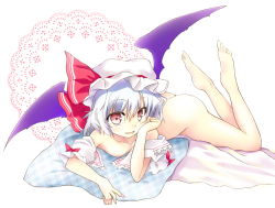 Rule 34 | 1girl, ass, bat wings, blue hair, breasts, collarbone, detached sleeves, fang, hand in own hair, hat, hat ribbon, looking at viewer, lying, mob cap, nipples, nude, on stomach, open mouth, pillow, pink eyes, remilia scarlet, ribbon, silver hair, small breasts, smile, solo, take tonbo, the pose, touhou, wings