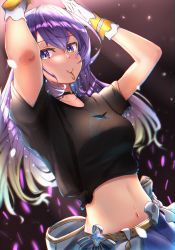 Rule 34 | 1girl, arms up, belt, black shirt, blonde hair, bow, breasts, closed mouth, crowd, dutch angle, gloves, glowstick, gradient eyes, gradient hair, hair between eyes, highres, hololive, hololive indonesia, idol, long hair, looking at viewer, medium breasts, midriff, moona hoshinova, mouth hold, multicolored eyes, multicolored hair, navel, purple eyes, purple hair, shirt, short sleeves, skirt, smile, solo, stomach, t-shirt, tied shirt, virtual youtuber, white bow, white gloves, white skirt, yellow belt, yellow eyes, yuki wei
