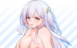 Rule 34 | 1girl, absurdres, azur lane, bad id, bad pixiv id, blue background, blue eyes, breasts, heart, highres, large breasts, long hair, looking at viewer, merong, nipples, nude, sakura empire (emblem), shoukaku (azur lane), simple background, solo, tongue, tongue out, two-tone background, upper body, very long hair, white background, white hair