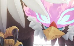 Rule 34 | animal focus, anniversary, bird, close-up, closed mouth, commentary request, copyright name, creatures (company), game freak, green eyes, hisuian braviary, komepan, looking to the side, nintendo, no humans, pokemon, pokemon (creature), solo, talons, twitter username, white background