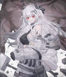 Rule 34 | 1girl, arknights, bandages, bare shoulders, black collar, black gloves, breasts, collar, commentary, cowboy shot, gloves, hammer, highres, horns, infection monitor (arknights), large breasts, long hair, looking at viewer, material growth, mudrock (arknights), oripathy lesion (arknights), pointy ears, red eyes, rlffuq025, sarashi, silver hair, solo, standing, weapon