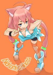 Rule 34 | 1girl, ahoge, animal ear fluff, animal ears, arms up, asymmetrical legwear, bike shorts, blue eyes, boots, breasts, cat ears, character name, downblouse, finger to face, full body, hair bobbles, hair ornament, hand on own face, hand on own hip, highres, hinata channel, iga tamaki, leaning forward, long hair, low twintails, mismatched legwear, nekomiya hinata, no bra, open mouth, orange background, orange thighhighs, pink hair, shorts, simple background, small breasts, smile, solo, striped clothes, striped thighhighs, thighhighs, twintails, vest, virtual youtuber, watch, white footwear, white vest, wristwatch
