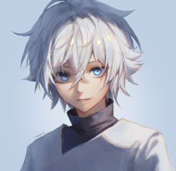 Rule 34 | 1boy, black shirt, blue background, blue eyes, commentary, english commentary, grin, hair between eyes, highres, hunter x hunter, killua zoldyck, looking at viewer, male focus, messy hair, shirt, signature, simple background, smile, solo, turtleneck, upper body, white hair, white shirt, zieru