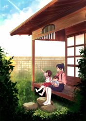 Rule 34 | 10s, 3girls, :d, akagi (kancolle), alternate costume, architecture, arm up, baby, black hair, brown hair, building, commentary request, day, east asian architecture, fence, foot dangle, from side, grass, hakama, hakama short skirt, hakama skirt, high ponytail, houshou (kancolle), japanese clothes, kaga (kancolle), kantai collection, kimono, long hair, looking afar, multiple girls, open mouth, outdoors, outstretched arm, pako (pousse-cafe), pantyhose, plant, ponytail, red skirt, rock, short hair, short sleeves, side-by-side, side ponytail, sitting, sitting on lap, sitting on person, skirt, sky, smile, sunlight, tasuki, veranda, white legwear, aged down