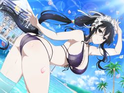 Rule 34 | 3girls, arm up, ass, bare shoulders, beach, bent over, bikini, black eyes, black hair, blue sky, blush, breasts, cleavage, closed eyes, closed mouth, cloud, coconut, coconut tree, food, fubuki (senran kagura), gekkou (senran kagura), hair between eyes, hair tie, hand on own head, highres, huge ass, large breasts, long hair, looking at another, looking at viewer, maid headdress, multiple girls, ocean, official art, open hand, outdoors, outstretched hand, palm tree, petals, ponytail, purple bikini, senkou (senran kagura), senran kagura, shaved ice, sky, smile, standing, swimsuit, thigh strap, thighs, tree, very long hair, water, wide hips, yaegashi nan