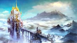 Rule 34 | 10s, bridge, castle, cloud, final fantasy, final fantasy xiv, highres, mountain, official art, scenery, square enix