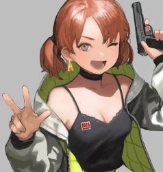 Rule 34 | 1girl, breasts, brown eyes, camisole, choker, cleavage, earrings, grey background, gun, handgun, highres, holding, holding weapon, jacket, jewelry, looking at viewer, one eye closed, open clothes, open jacket, open mouth, original, pistol, red hair, revision, sara manta, short hair, simple background, small breasts, smile, solo, spaghetti strap, teeth, tokarev tt-33, twintails, upper body, v, weapon