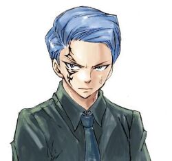 Rule 34 | 1boy, blue eyes, blue hair, closed mouth, facial mark, fairy tail, formal, frown, hair slicked back, jellal fernandes, lowres, male focus, mashima hiro, necktie, short hair, simple background, solo, suit, sweatdrop, tattoo, white background