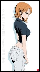 Rule 34 | 1girl, artist name, black shirt, breasts, brown eyes, brown hair, chris re5, cowboy shot, crop top, from side, medium breasts, nami (one piece), one piece, pants, profile, shadow, shirt, short hair, short sleeves, simple background, solo, standing, twitter username, white background, white pants
