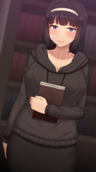 Rule 34 | 1girl, arm at side, black hair, black hoodie, black skirt, blue eyes, blurry, blurry background, blush, book, bookshelf, breasts, closed mouth, collarbone, commentary request, depth of field, hairband, highres, holding, holding book, hood, hood down, hoodie, indoors, large breasts, long sleeves, looking at viewer, nt00, original, skirt, smile, solo, standing, white hairband