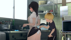 Rule 34 | 1boy, 1girl, age difference, annoyed, apron, ass, black hair, blush, bottle, breasts, brother and sister, calendar, censored, clenched teeth, closed eyes, clothes lift, cooking, cowboy shot, day, embarrassed, fire, frying pan, height difference, highres, incest, indoors, kemuri haku, kitchen, legs, lifting another&#039;s clothes, male masturbation, masturbation, medium breasts, medium hair, mosaic censoring, no eyes, open mouth, original, panties, pantyshot, penis, school uniform, siblings, skirt, skirt lift, standing, stove, teeth, thighs, tile wall, tiles, toaru daikazoku no okazu jijou: mamagawari onee-chan funtouki, underwear, window