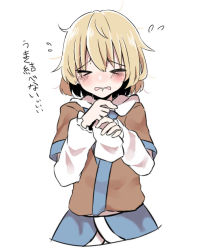 Rule 34 | &gt; &lt;, 1girl, abe suke, arm warmers, blonde hair, blush, closed eyes, commentary request, flying sweatdrops, mizuhashi parsee, short hair, short sleeves, simple background, solo, touhou, translation request, upper body, white background