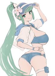 Rule 34 | 1girl, adjusting clothes, adjusting headwear, ass, blue hood, breasts, butt crack, earrings, flower, gonzarez, green eyes, green hair, hair flower, hair ornament, highres, jacket, jewelry, large breasts, nail polish, pneuma (xenoblade), ponytail, solo, star (symbol), star earrings, striped, thigh strap, unfinished, vertical stripes, visor cap, white jacket, wristband, xenoblade chronicles (series), xenoblade chronicles 2