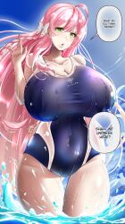 Rule 34 | absurdres, alternate breast size, arm behind back, blue archive, breasts, green eyes, hanako (blue archive), hard-translated, highres, large breasts, long hair, pink hair, rendezvouz&#039;s alba, ribbon, swimsuit, third-party edit, white ribbon