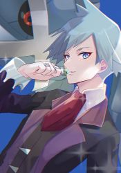 Rule 34 | 1boy, blue background, blue eyes, blurry, collared shirt, commentary request, creatures (company), game freak, gen 3 pokemon, grey hair, hand up, highres, jacket, jewelry, looking at viewer, male focus, metagross, necktie, nintendo, parted lips, pokemon, pokemon (creature), pokemon oras, red necktie, ring, shirt, short hair, sparkle, ssn (sasa8u9r), steven stone, upper body, vest, white shirt