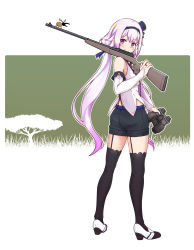 Rule 34 | .live, 1girl, absurdres, binoculars, black thighhighs, carro pino, detached sleeves, full body, gun, headband, highres, looking at viewer, purple eyes, purple hair, rifle, shoes, shorts, simple background, sleeveless, smile, solo, standing, thighhighs, virtual youtuber, weapon