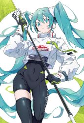 Rule 34 | 1girl, absurdres, aqua eyes, aqua hair, black bodysuit, black gloves, black thighhighs, bodysuit, closed mouth, commentary request, covered navel, crop top, feet out of frame, flag, gloves, goodsmile racing, gradient background, grey background, hatsune miku, head tilt, highres, holding, holding flag, long hair, long sleeves, looking at viewer, mele ck, racing miku, racing miku (2022), see-through, single thighhigh, skin tight, solo, standing, thighhighs, twintails, very long hair, vocaloid