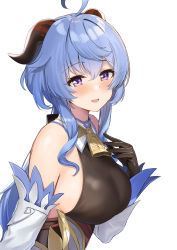 Rule 34 | 1girl, :d, ahoge, ayul (ayulneri 92), bare shoulders, bell, black gloves, blue hair, blush, bodystocking, breasts, cowbell, detached sleeves, from side, ganyu (genshin impact), genshin impact, gloves, hand on own chest, highres, horns, large breasts, long hair, long sleeves, looking at viewer, looking to the side, open mouth, purple eyes, sideboob, sidelocks, smile, solo, underbust, upper body, very long hair