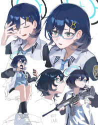 Rule 34 | 1girl, assault rifle, black socks, blue-framed eyewear, blue archive, blue cardigan, blue hair, blue necktie, blush, can, cardigan, cellphone, chair, chihiro (blue archive), closed mouth, collared shirt, cropped shoulders, cross-laced footwear, greyscale, gun, h&amp;k hk416, hair ornament, hairclip, holding, holding can, holding gun, holding phone, holding weapon, jacket, looking at viewer, monochrome, necktie, office chair, on chair, partially colored, phone, rifle, round teeth, semi-rimless eyewear, shirt, shoes, short hair, sitting, small sweatdrop, smartphone, sneakers, socks, swivel chair, teeth, trigger discipline, umiwashi, under-rim eyewear, watch, weapon, white shirt, wristwatch
