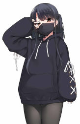 Rule 34 | 1girl, black hair, black jacket, black mask, black pantyhose, brown eyes, jacket, long sleeves, looking at viewer, mask, mouth mask, original, pantyhose, parted bangs, short hair, simple background, sleeves past wrists, solo, standing, surgical mask, terazip, twintails, v, white background