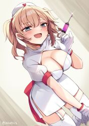 Rule 34 | 1girl, akai haato, blonde hair, blue eyes, blush, breasts, cleavage, cleavage cutout, clothing cutout, dress, fang, garter belt, gloves, hair ornament, hat, heart, heart hair ornament, highres, holding, holding syringe, hololive, large breasts, long hair, looking at viewer, nurse, nurse cap, ogura32, open mouth, skin fang, smile, solo, syringe, thighhighs, two side up, virtual youtuber, white dress, white garter belt, white gloves, white hat, white thighhighs