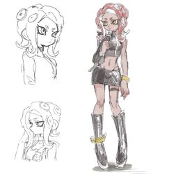 Rule 34 | 1girl, agent 8 (splatoon), black footwear, black skirt, boots, closed mouth, crop top, groin, highres, long sleeves, medium hair, miniskirt, navel, nintendo, octoling, octoling girl, octoling player character, pencil skirt, red hair, simple background, single bare shoulder, single sleeve, skirt, splatoon (series), splatoon 2, splatoon 2: octo expansion, splatoon 3, splatoon 3: side order, suction cups, tentacle hair, thenintlichen96, thigh strap, white background, yellow eyes