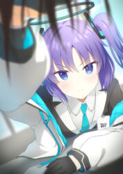Rule 34 | 1girl, absurdres, blue archive, blue eyes, blurry, blurry foreground, blush, commentary request, gloves, hair ornament, halo, highres, id card, long hair, looking at viewer, mio kabura, necktie, pov, purple hair, reaching, reaching towards viewer, school uniform, solo focus, table, window, yuuka (blue archive)