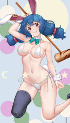 Rule 34 | 1girl, animal ears, bikini, black footwear, black thighhighs, blue hair, bow, bowtie, breasts, cleavage, closed mouth, commentary request, crescent, detached collar, earclip, green bow, green bowtie, hataraki kuma, highres, holding, kine, long hair, low twintails, mallet, medium breasts, multicolored background, nontraditional playboy bunny, playboy bunny bikini, rabbit ears, rabbit girl, rabbit tail, red eyes, seiran (touhou), side-tie bikini bottom, single thighhigh, smile, solo, star (symbol), swimsuit, tail, thighhighs, touhou, twintails, variant set, white bikini, wrist cuffs