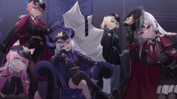 Rule 34 | 5girls, :d, absurdres, black coat, black dress, black gloves, black hair, black skirt, blonde hair, blue eyes, braid, breasts, closed mouth, coat, coat on shoulders, crossed legs, demon horns, dress, fang, fangs, garter straps, gloves, grey hair, hair between eyes, hakui koyori, hat, head rest, head wings, highres, holding, hololive, holox, horns, indoors, kazama iroha, la+ darknesss, large breasts, leaning forward, long hair, long sleeves, looking at viewer, multiple girls, necktie, open mouth, parted lips, pink hair, pleated skirt, purple necktie, red eyes, red necktie, sakamata chloe, simple background, single thighhigh, skirt, smile, squatting, standing, takane lui, tang-du, thighhighs, virtual youtuber, white gloves, wings, yellow eyes