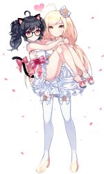 Rule 34 | 2girls, arms around neck, bad id, bad pixiv id, black hair, blonde hair, blush, bow, breasts, cat tail, cleavage, flower, full body, glasses, hair flower, hair ornament, high heels, highres, holding person, long hair, looking at viewer, mechuragi, medium breasts, multiple girls, original, petals, pink bow, red bow, red eyes, red flower, red rose, rose, short hair, simple background, small breasts, smile, standing, tail, tail bow, tail ornament, thighhighs, transparent background, twintails, white background, white legwear, yellow eyes, yuri