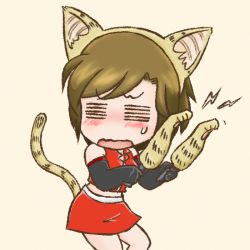 Rule 34 | 1girl, = =, animal ears, animal hands, blush, cat ears, cat paws, cat tail, chibi, fake animal ears, meiko (vocaloid), midriff, nonda kure, skirt, solo, tail, vocaloid