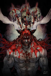 Rule 34 | 1boy, akagishi k, beard, blood, blood on face, brown hair, disembodied hand, eric bloodaxe (fate), facial hair, fate/grand order, fate (series), glowing, glowing eyes, impaled, long hair, male focus, muscular, red eyes, skull, solo