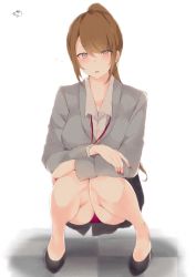 Rule 34 | 1girl, black footwear, blazer, blush, breasts, brown hair, collared shirt, commentary request, dress shirt, grey eyes, hair up, high heels, high ponytail, highres, jacket, lanyard, large breasts, looking at viewer, muuran, nail polish, office lady, open mouth, original, panties, pencil skirt, ponytail, red nails, red panties, shirt, skirt, solo, squatting, thighs, tile floor, tiles, underwear, upskirt, white shirt