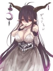 Rule 34 | 10s, 1girl, bandaged arm, bandages, bare shoulders, black gloves, breasts, character name, crescent, danua, draph, dress, fingerless gloves, gloves, granblue fantasy, hair between eyes, highres, horn ornament, horns, jewelry, large breasts, long hair, necklace, open mouth, pale skin, pointy ears, simple background, solo, subaru18, tareme, white dress