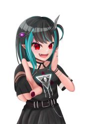 Rule 34 | 1girl, belt, black belt, black dress, black gloves, black hair, blue hair, blush, bracelet, breasts, commentary request, cowboy shot, demon girl, demon horns, dress, eye hair ornament, eye of providence, fang, gloves, horns, jewelry, long hair, looking at viewer, multicolored hair, nanashi inc., official alternate costume, open mouth, partially fingerless gloves, pointy ears, red eyes, shishio chris, shishio chris (3rd costume), short sleeves, simple background, small breasts, smile, solo, spiked bracelet, spikes, sugar lyric, toda kanada, transparent background, two-tone hair, virtual youtuber