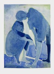 Rule 34 | 1boy, 1girl, barefoot, blue theme, border, commentary, english commentary, grey border, kgeroua, looking at another, medium hair, original, painting (medium), shirt, short hair, short sleeves, sitting, standing, traditional media, watercolor (medium)