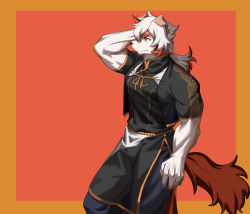 Rule 34 | 1boy, absurdres, alternate costume, animal ears, apron, arknights, baggy pants, bara, black shirt, brown eyes, brown fur, bulge, chinese clothes, dog boy, dog ears, dog tail, feet out of frame, furry, furry male, highres, horns, hung (arknights), leaning back, looking to the side, male focus, medium hair, multicolored hair, muscular, muscular male, orange hair, pants, pectorals, shirt, short sleeves, simple background, single horn, solo, streaked hair, tail, taut clothes, taut shirt, two-tone fur, waist apron, white fur, white hair, yeon (leyonkim)