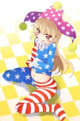 Rule 34 | 1girl, american flag dress, american flag legwear, blonde hair, blush stickers, checkered floor, chima q, clownpiece, covered erect nipples, fairy wings, full body, fur trim, hat, highres, jester cap, long hair, long sleeves, looking at viewer, midriff, naughty face, navel, neck ruff, pantyhose, polka dot, red eyes, sitting, smile, solo, star (symbol), star print, striped clothes, striped pantyhose, touhou, wariza, wings