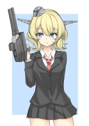 Rule 34 | 1girl, adapted turret, black jacket, black skirt, blazer, blonde hair, blue background, blue eyes, border, braid, cannon, colorado (kancolle), commentary request, cowboy shot, formal, garrison cap, hat, headgear, highres, jacket, kantai collection, looking to the side, necktie, pleated skirt, red necktie, school uniform, short hair, side braids, skirt, skirt suit, solo, standing, suit, turret, two-tone background, umino ht, white border